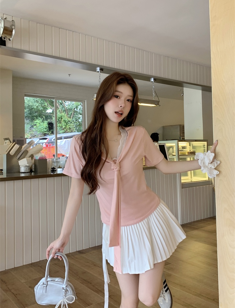 Short sleeve splice T-shirt summer Pseudo-two shawl for women