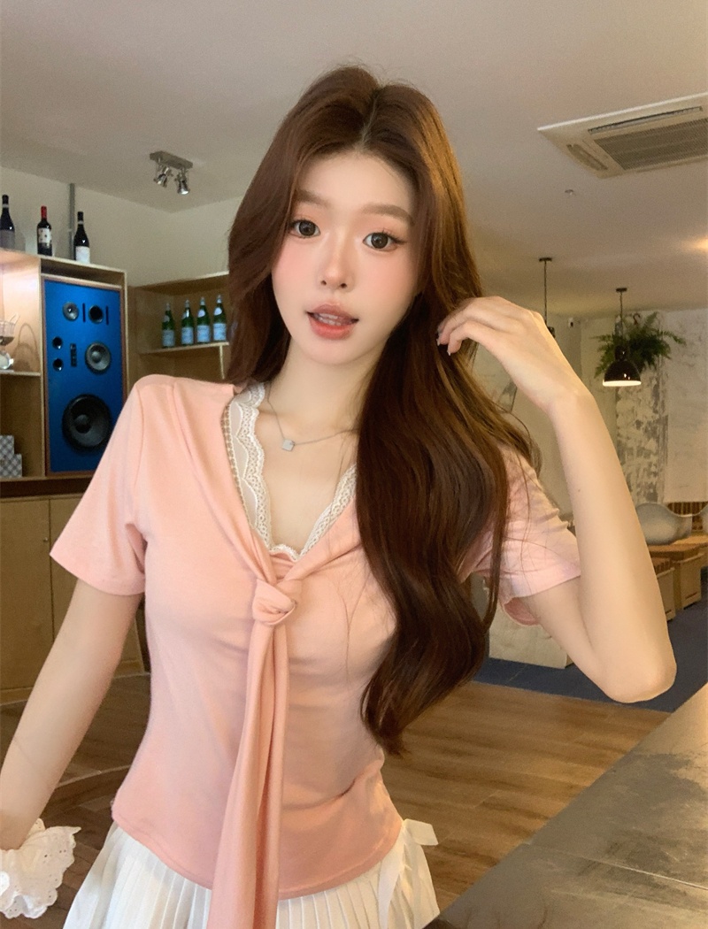 Short sleeve splice T-shirt summer Pseudo-two shawl for women