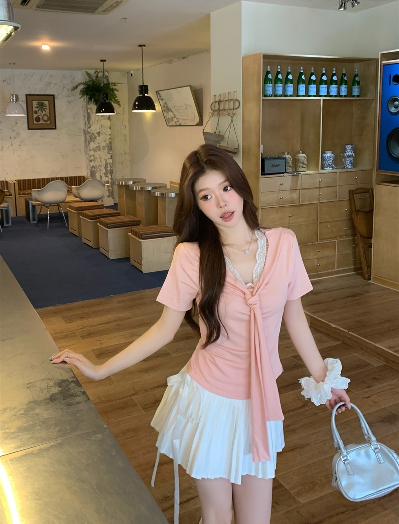 Short sleeve splice T-shirt summer Pseudo-two shawl for women