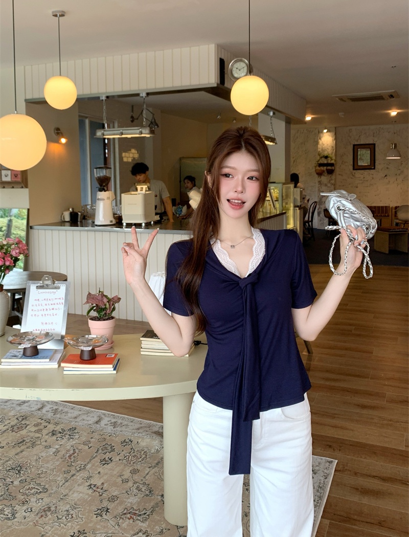 Short sleeve splice T-shirt summer Pseudo-two shawl for women