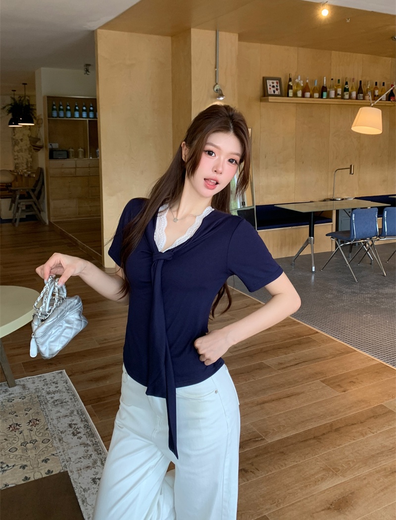 Short sleeve splice T-shirt summer Pseudo-two shawl for women