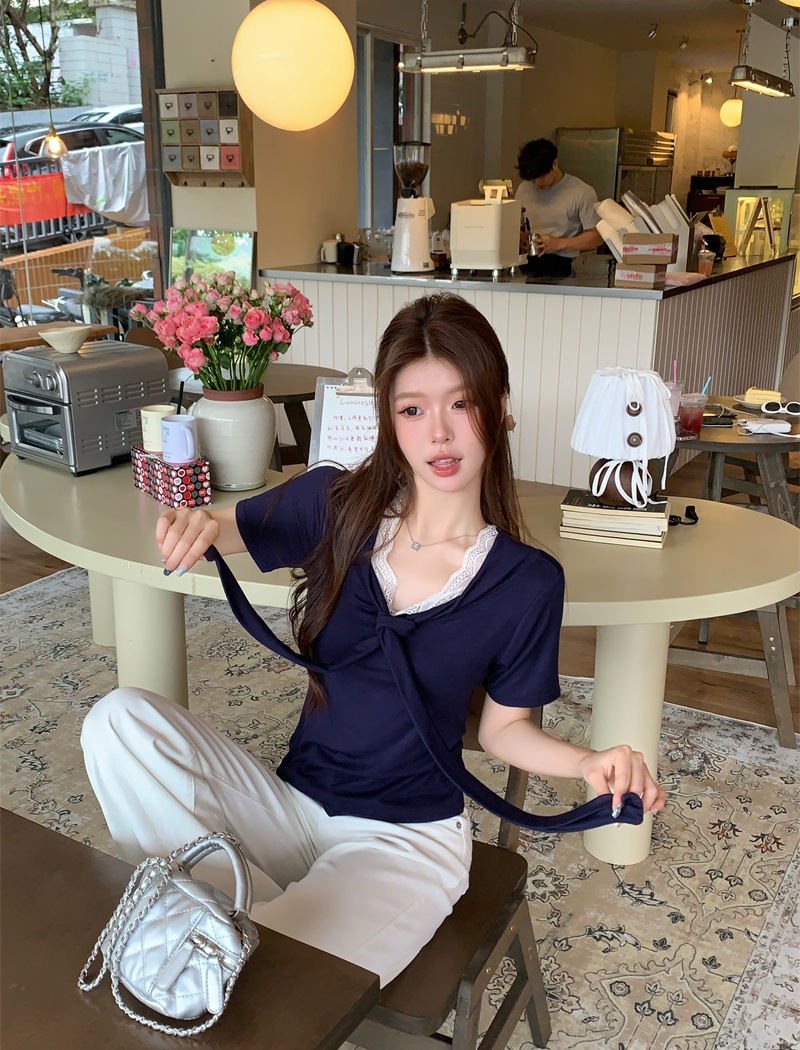 Short sleeve splice T-shirt summer Pseudo-two shawl for women