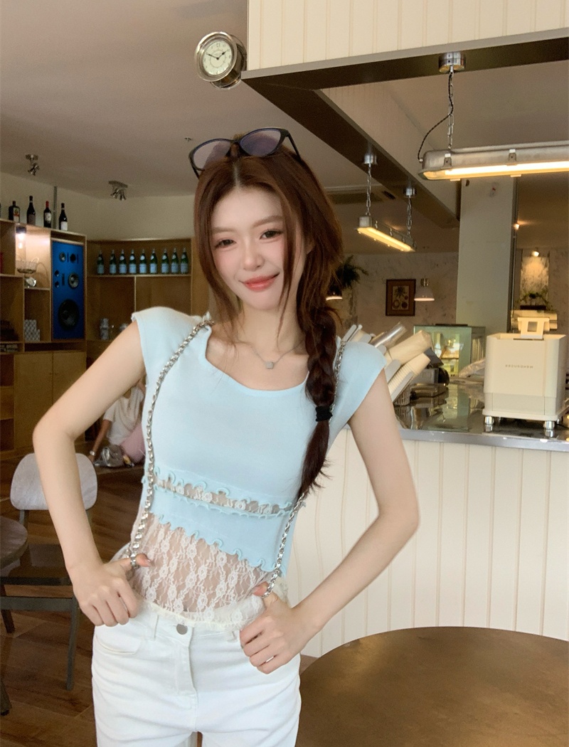 Hollow lace sweater summer enticement T-shirt