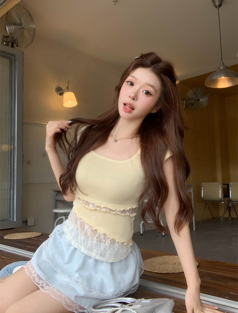 Hollow lace sweater summer enticement T-shirt