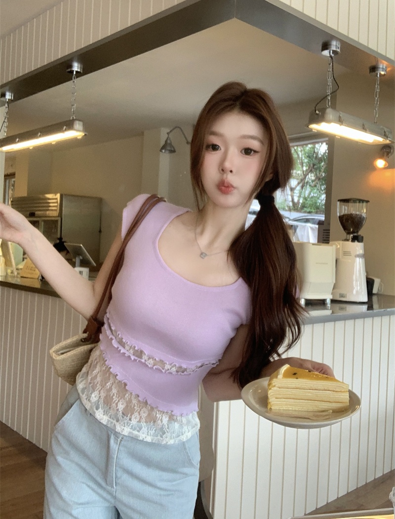 Hollow lace sweater summer enticement T-shirt