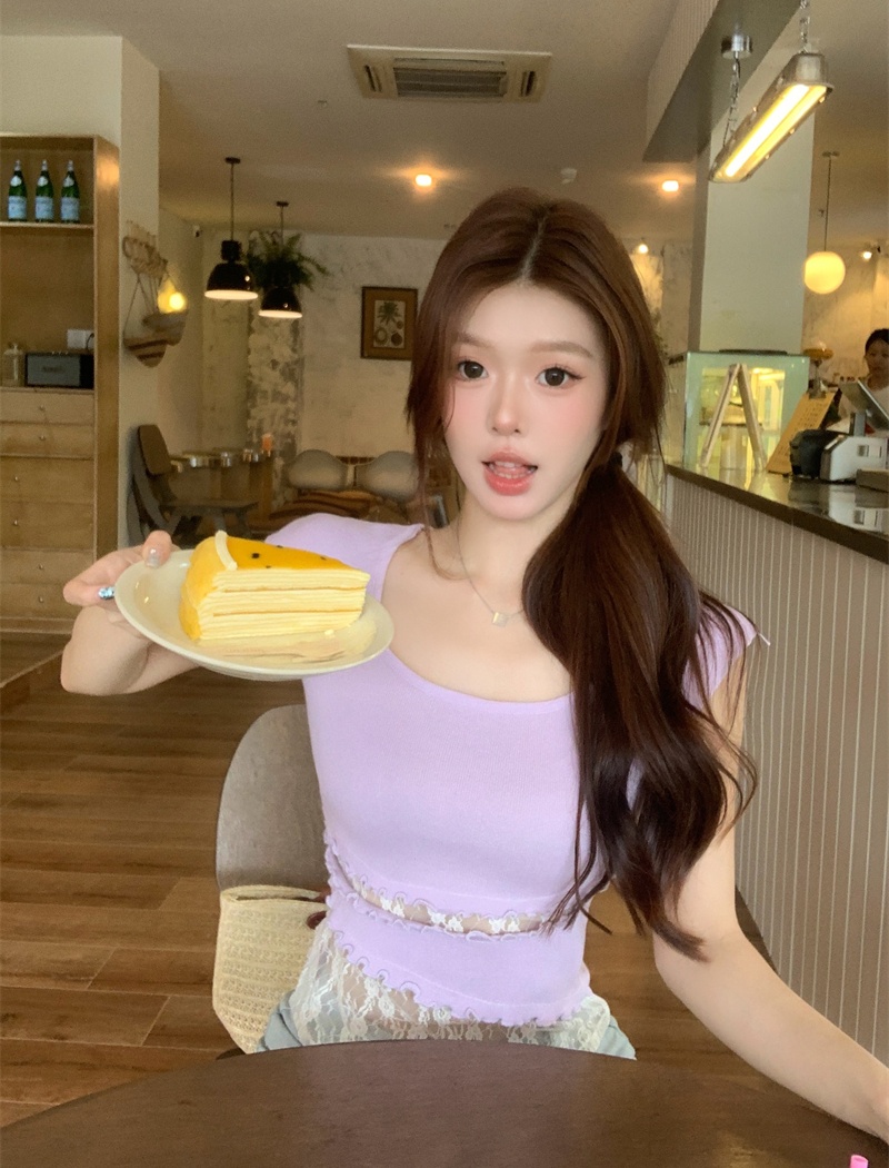 Hollow lace sweater summer enticement T-shirt