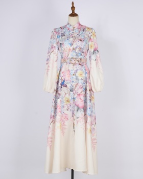 Lantern sleeve buckle with belt splice long rhinestone dress