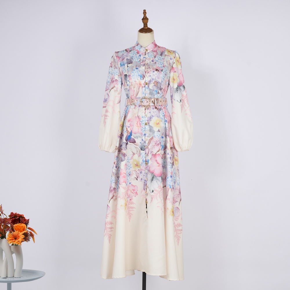 Lantern sleeve buckle with belt splice long rhinestone dress