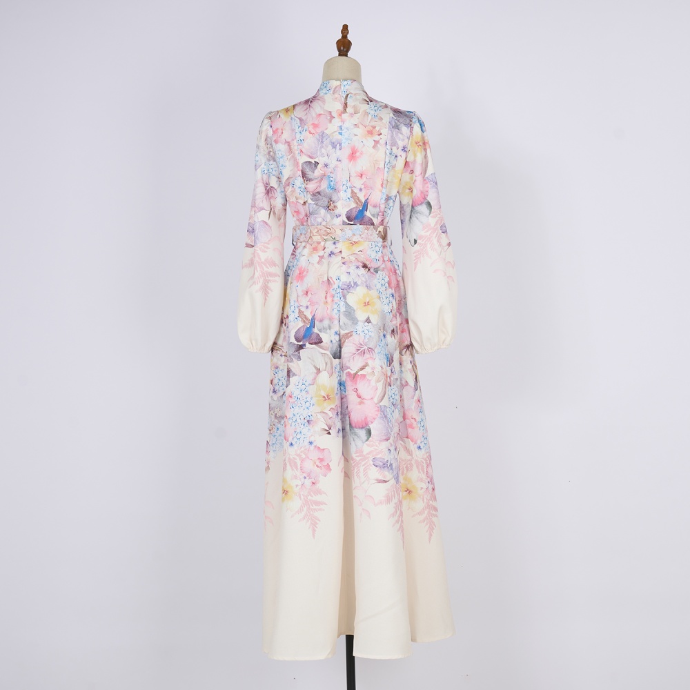 Lantern sleeve buckle with belt splice long rhinestone dress