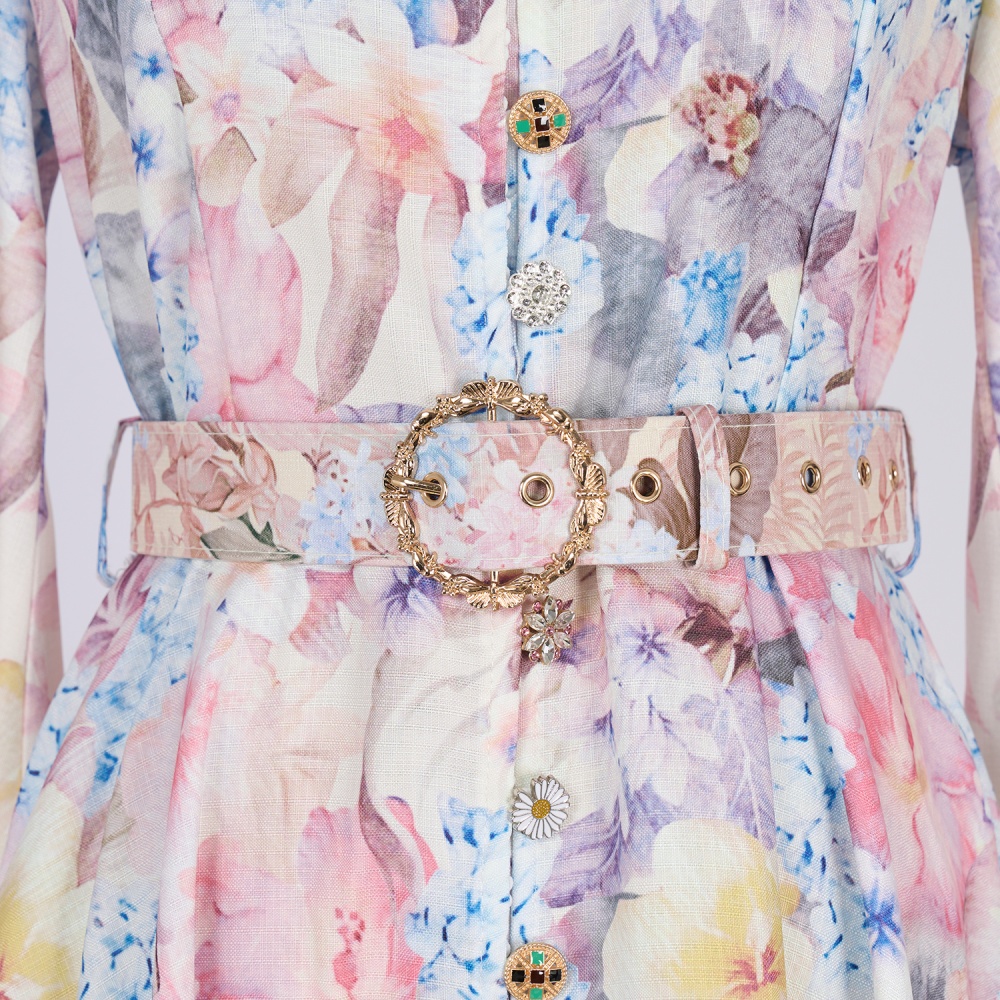 Lantern sleeve buckle with belt splice long rhinestone dress