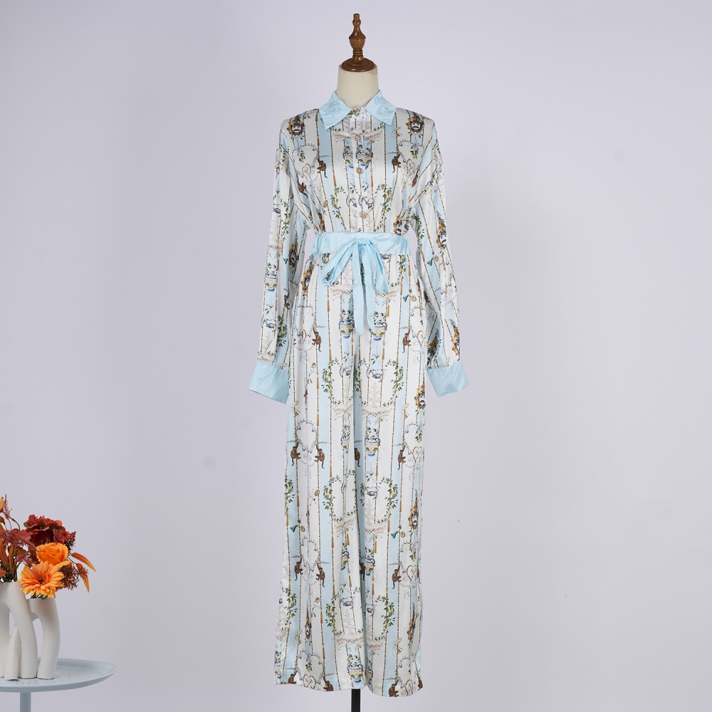 Lapel summer printing long sleeve long pants a set for women