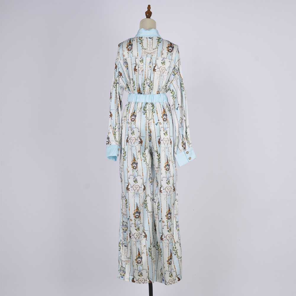 Lapel summer printing long sleeve long pants a set for women