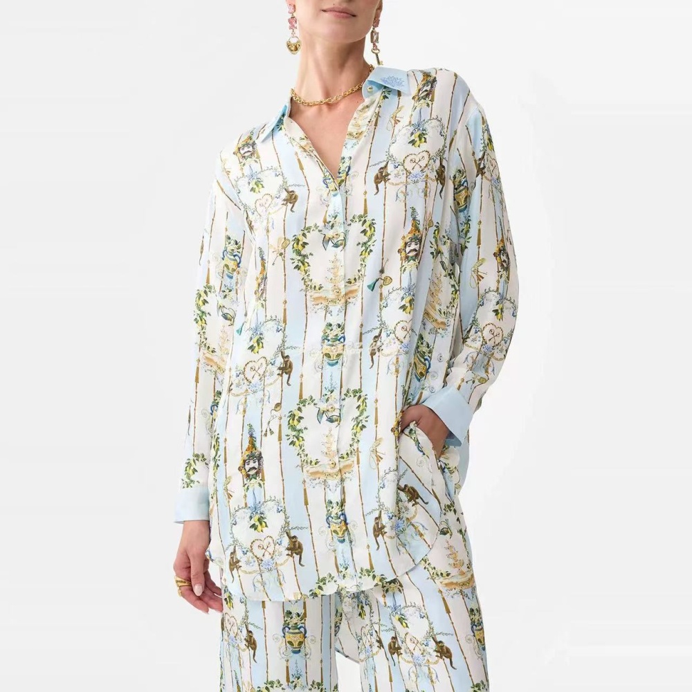 Lapel summer printing long sleeve long pants a set for women