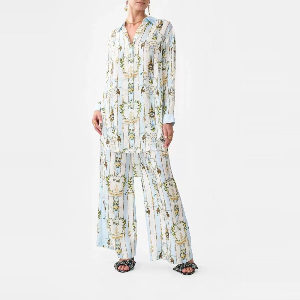 Lapel summer printing long sleeve long pants a set for women