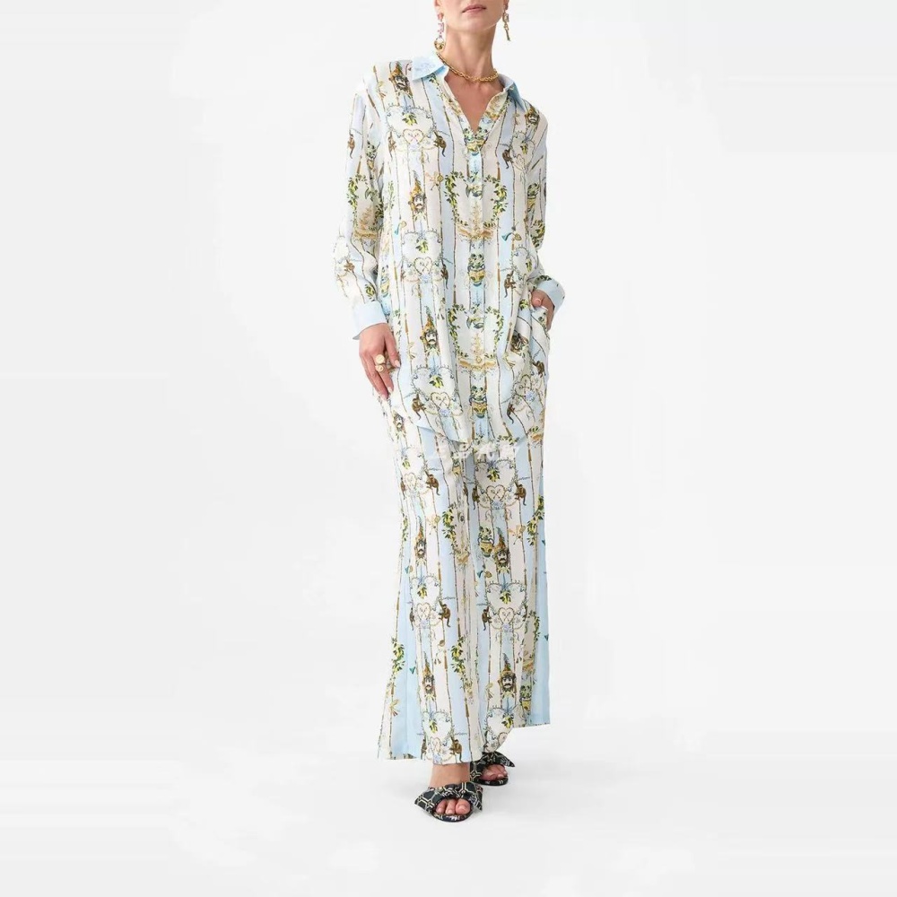 Lapel summer printing long sleeve long pants a set for women