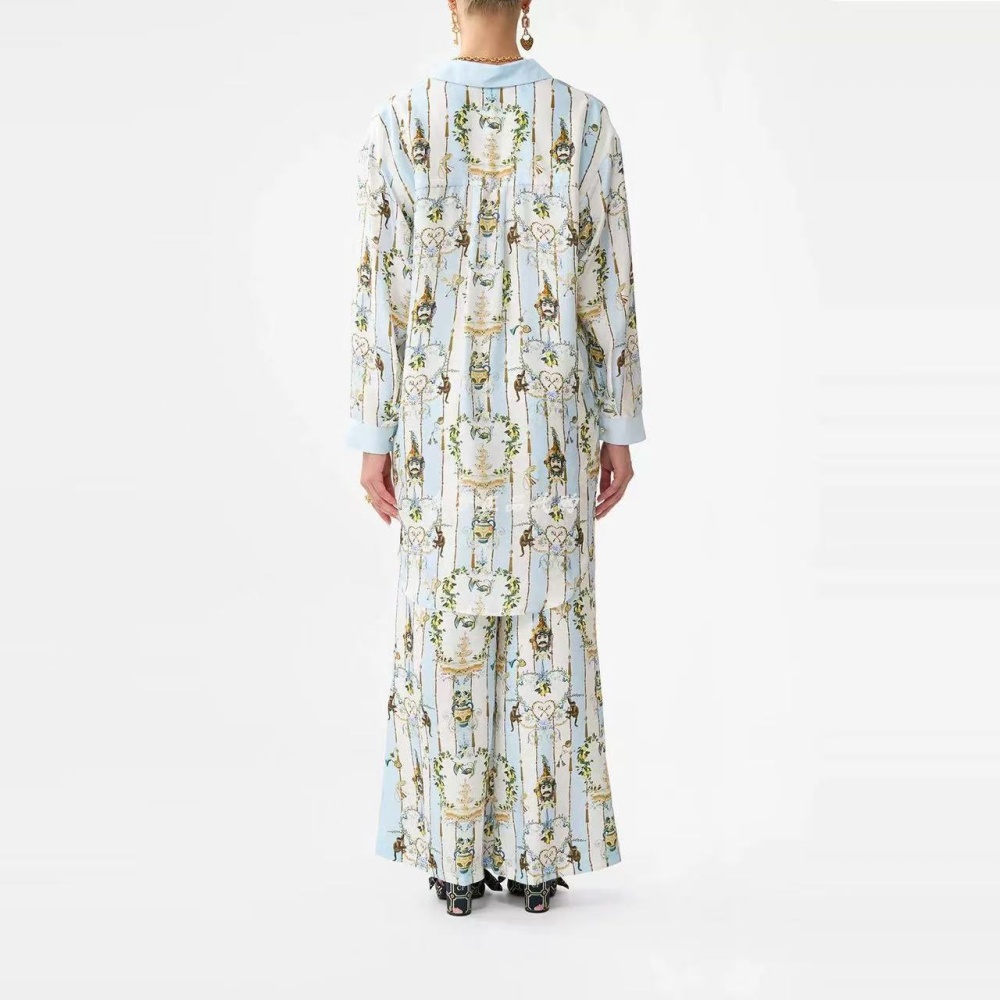 Lapel summer printing long sleeve long pants a set for women