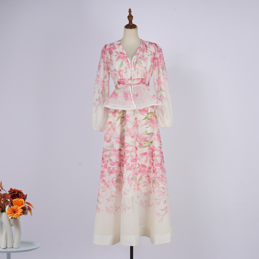 Mood cstand collar buckle skirt long vacation tops a set