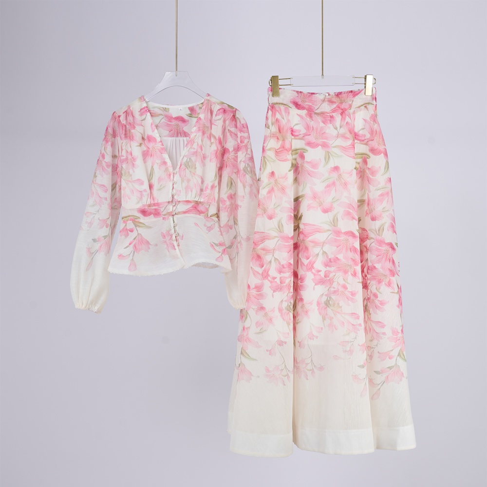 Mood cstand collar buckle skirt long vacation tops a set
