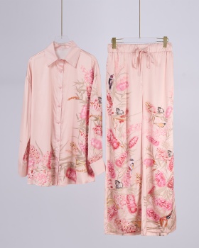 Wide leg printing shirt single-breasted long pants a set