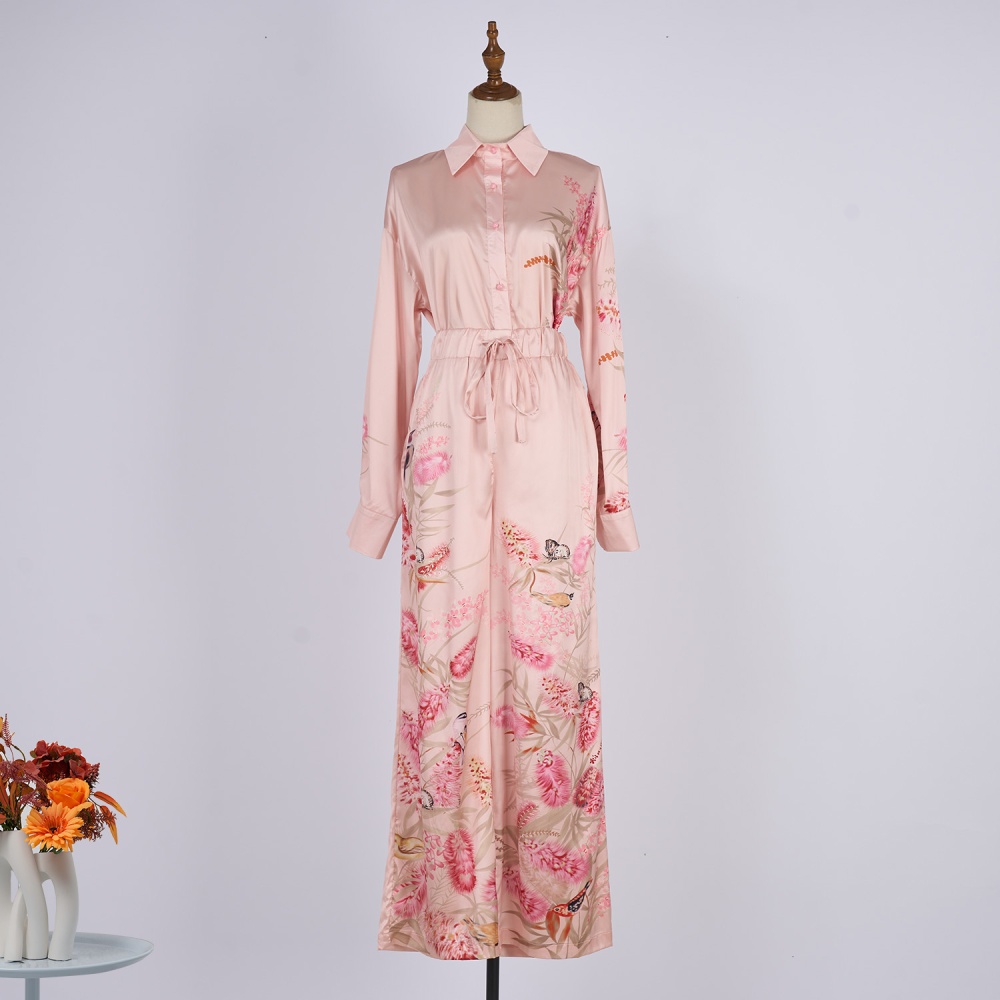 Wide leg printing shirt single-breasted long pants a set