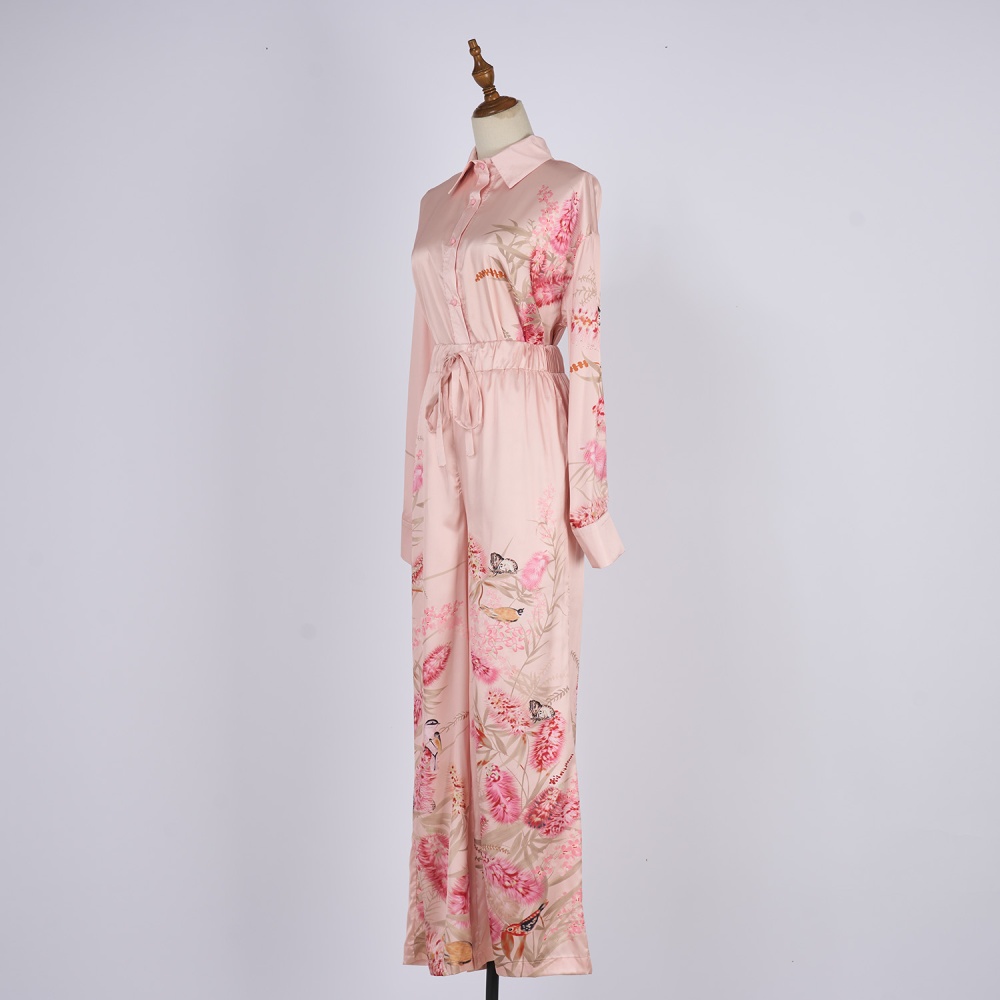 Wide leg printing shirt single-breasted long pants a set