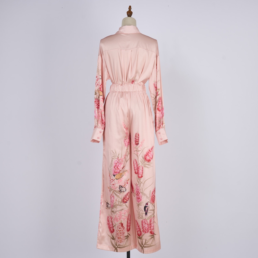 Wide leg printing shirt single-breasted long pants a set