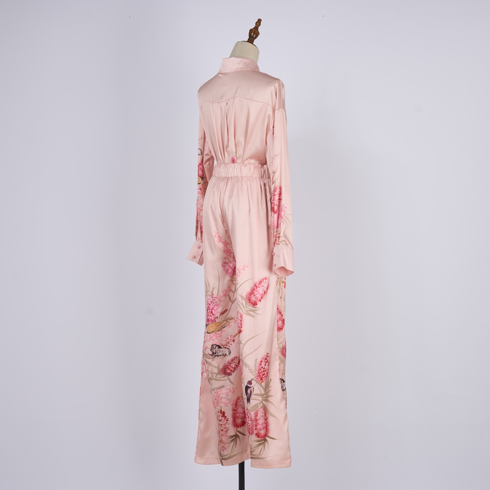 Wide leg printing shirt single-breasted long pants a set