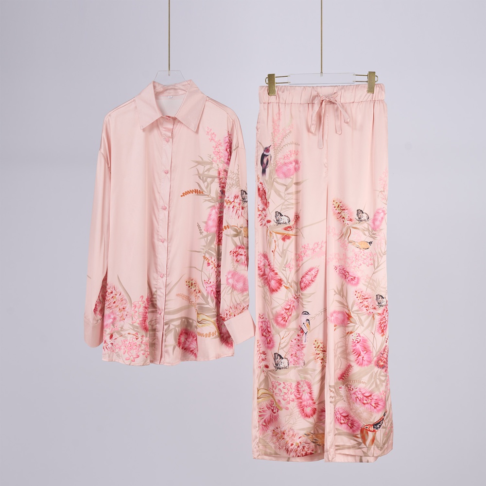 Wide leg printing shirt single-breasted long pants a set