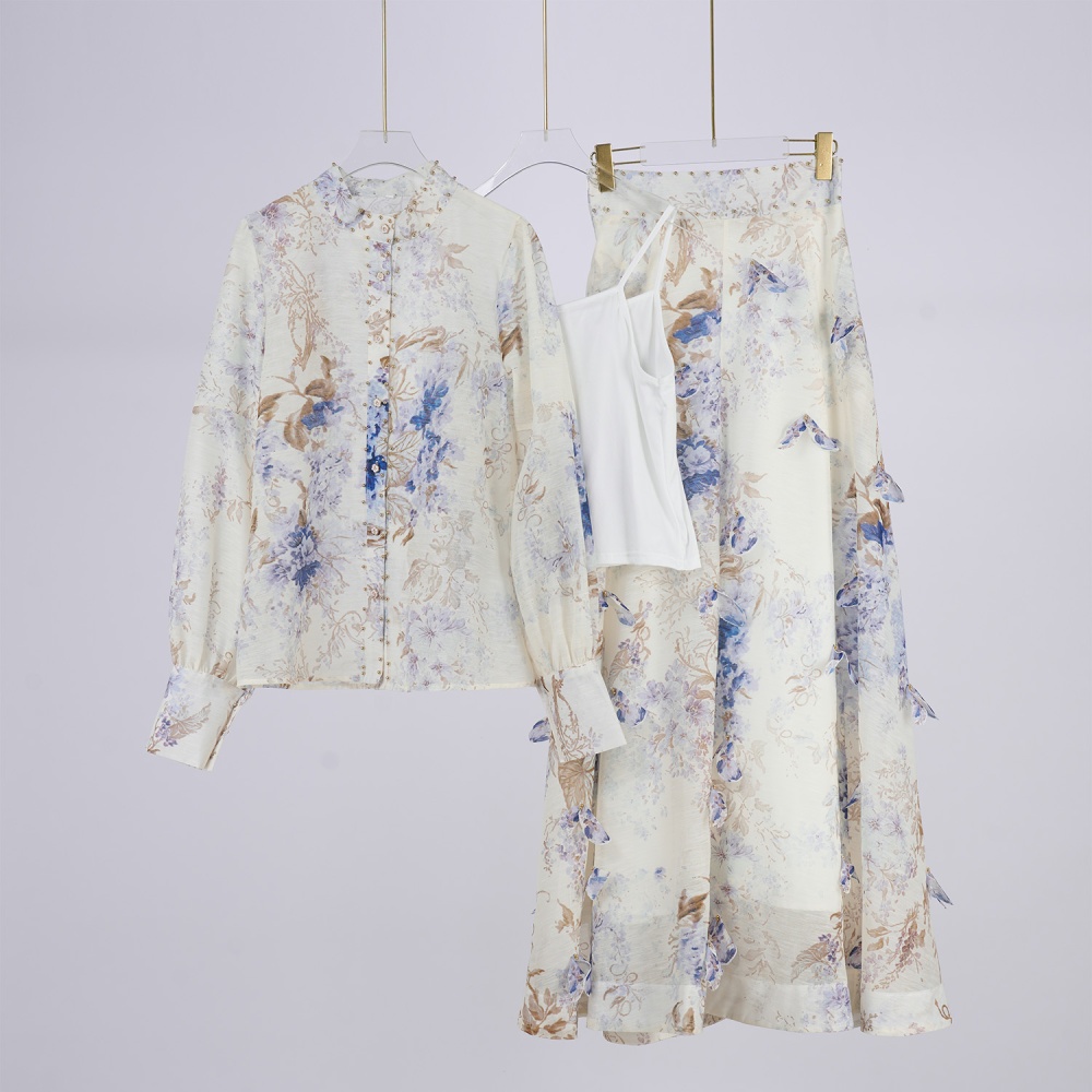 Slim retro skirt frenum long sleeve tops a set