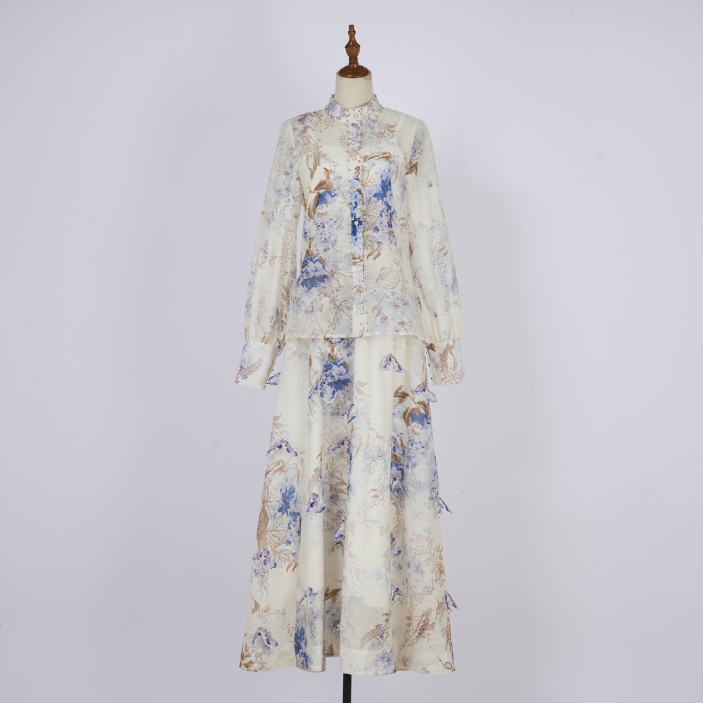 Slim retro skirt frenum long sleeve tops a set