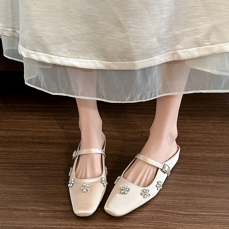 Rhinestone flat lady skirt half satin shoes for women