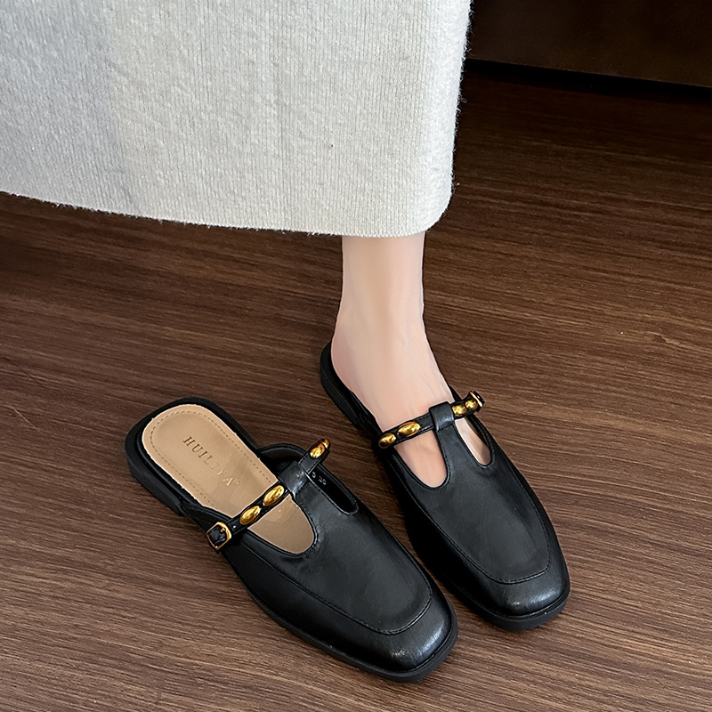 Flat black shoes square head leather shoes for women