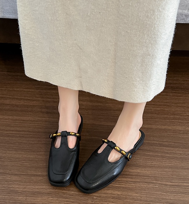 Flat black shoes square head leather shoes for women
