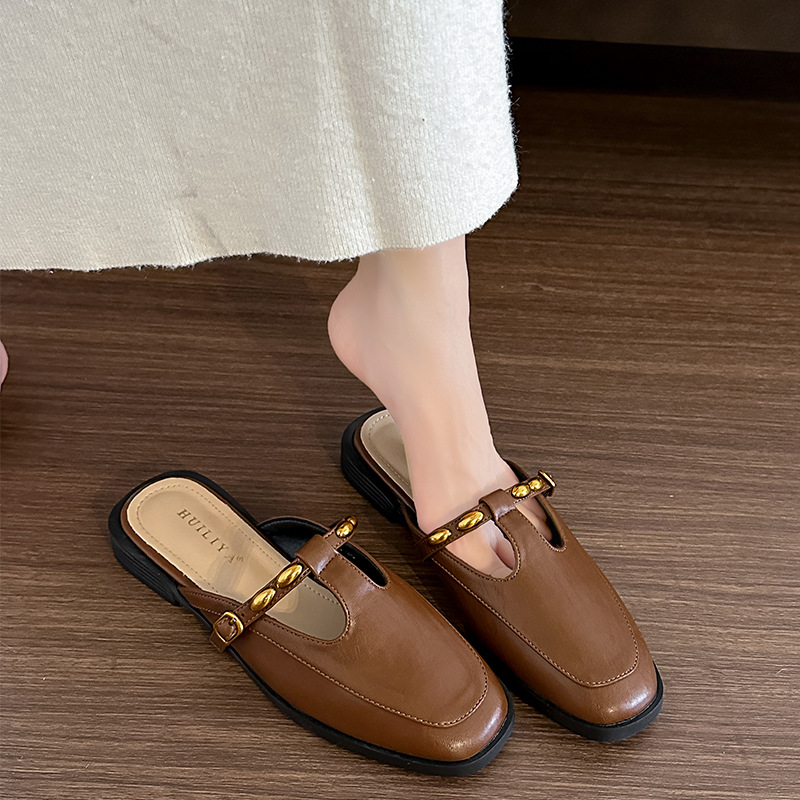 Flat black shoes square head leather shoes for women