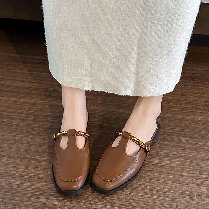 Flat black shoes square head leather shoes for women