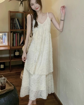 Apricot V-neck sweet dress vacation feather long dress