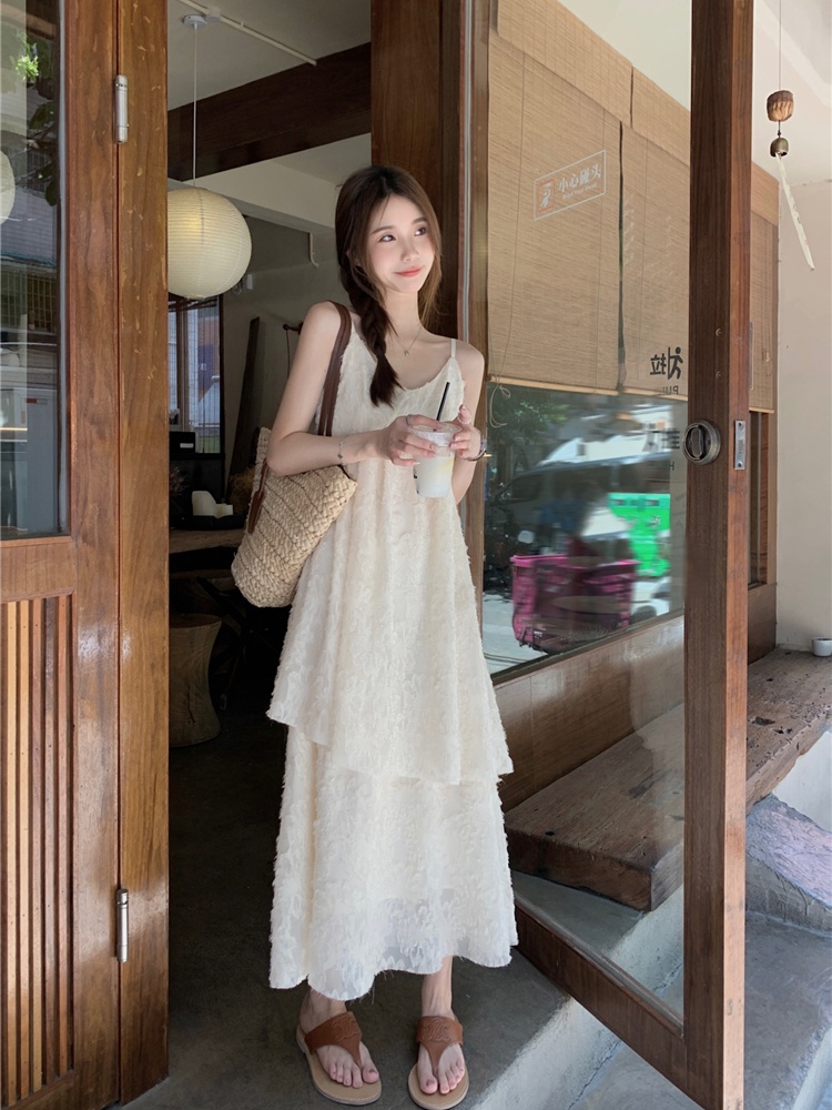 Apricot V-neck sweet dress vacation feather long dress