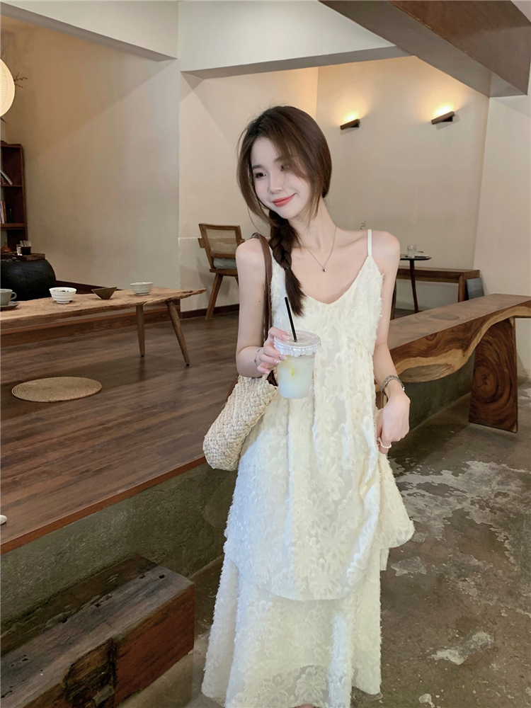 Apricot V-neck sweet dress vacation feather long dress