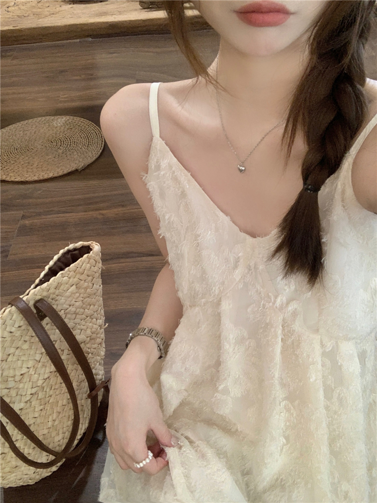 Apricot V-neck sweet dress vacation feather long dress