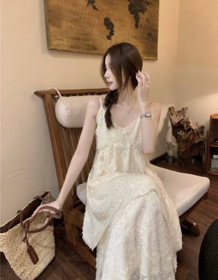 Apricot V-neck sweet dress vacation feather long dress