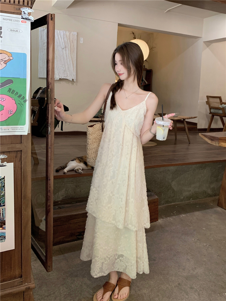 Apricot V-neck sweet dress vacation feather long dress