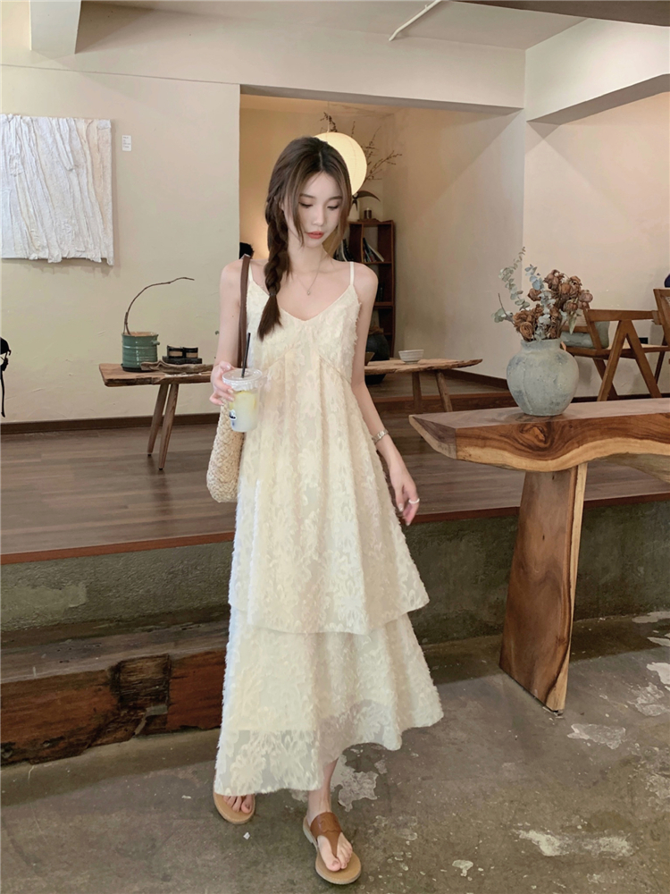 Apricot V-neck sweet dress vacation feather long dress