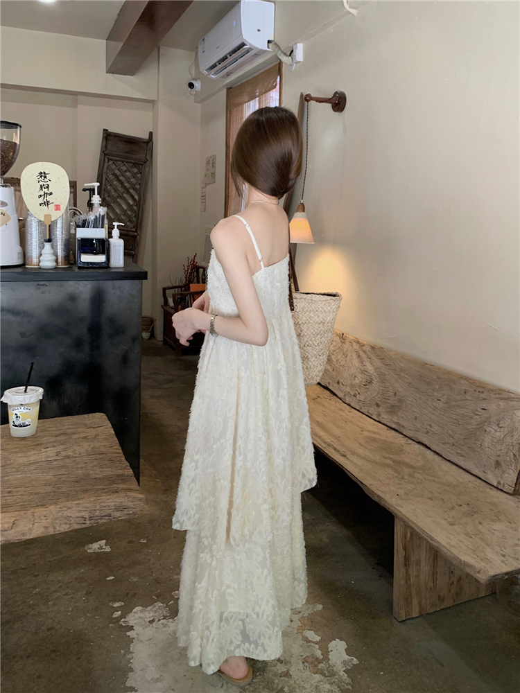 Apricot V-neck sweet dress vacation feather long dress