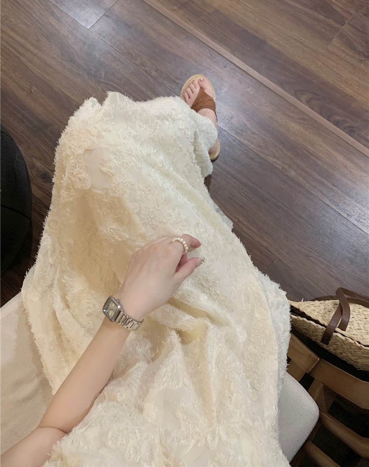 Apricot V-neck sweet dress vacation feather long dress