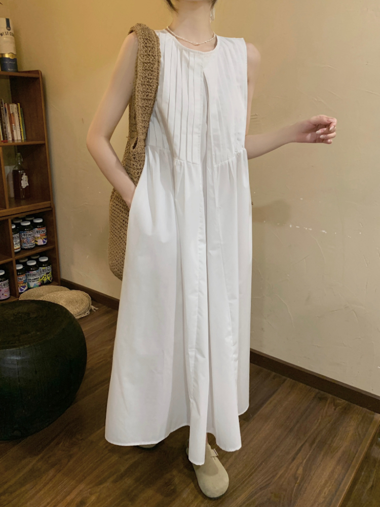 Pure crimp loose round neck sleeveless dress