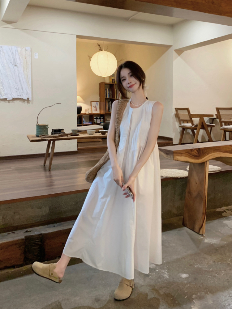 Pure crimp loose round neck sleeveless dress