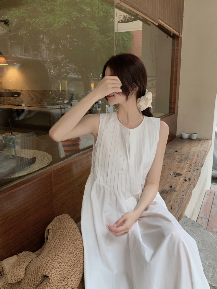 Pure crimp loose round neck sleeveless dress