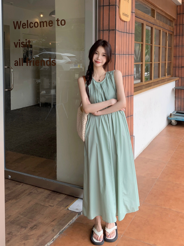 Pure crimp loose round neck sleeveless dress