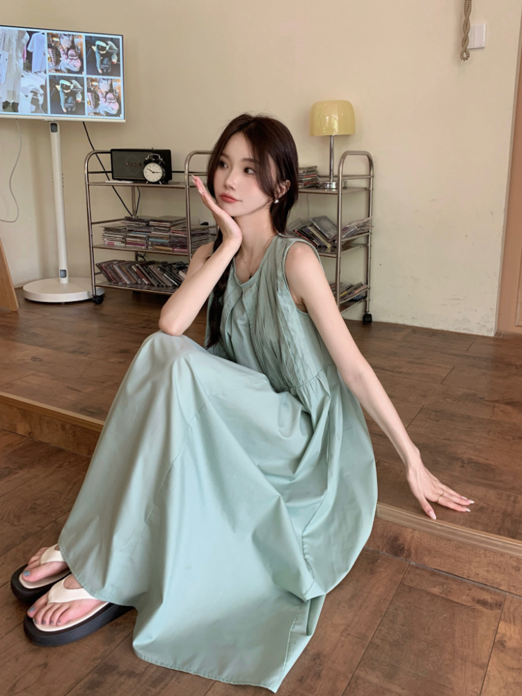 Pure crimp loose round neck sleeveless dress