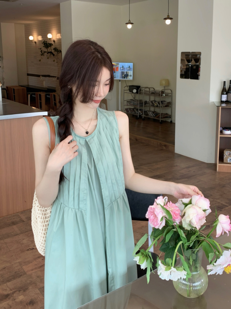 Pure crimp loose round neck sleeveless dress